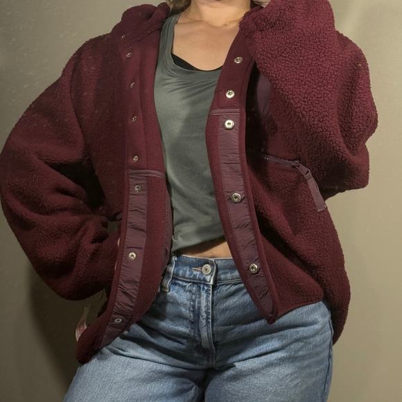 FP Movement x Hatch Hit The Slopes Fleece Jacket Coat Maroon Snap Front L - Picture 1 of 6